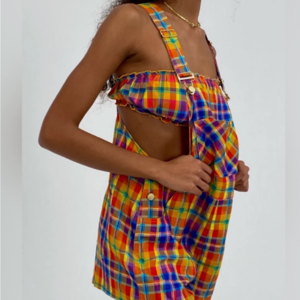 WE WORE WHAT Overall Short Rainbow Plaid Size Small NWT 128$ Linen Festival